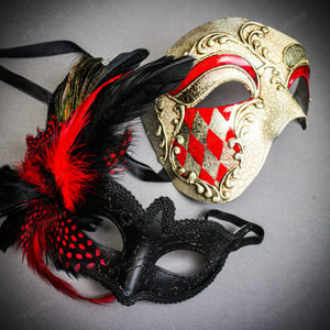 Venetian Red Silver Phantom Half Face &  Glitter RED Feather Eye Couple Mask